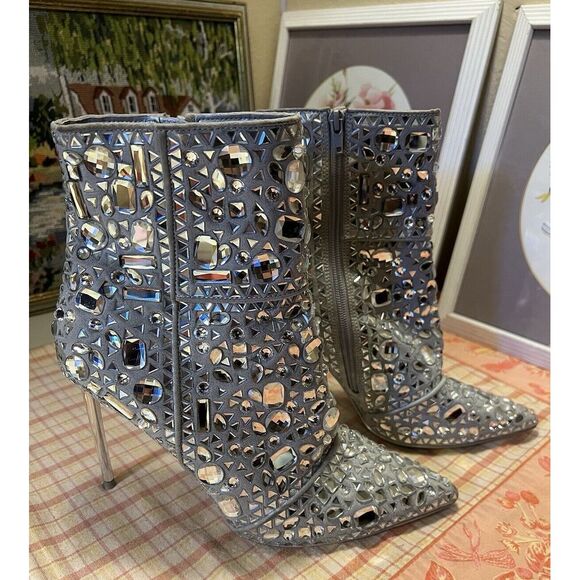 Steve Madden Stiletto Crystalle Rhinestone Silver Ankle Boots Womens 11 Stunning - Picture 3 of 14